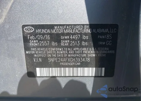 2016 Hyundai Sonata z USA, uszkodzony, nr VIN 5NPE24AFXGH393478